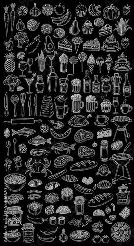 Hand-drawn sketch of food and drinks vector illustration on black background