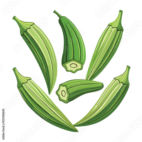 six okra vegetable separately set  isolated  on white background
