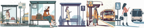 vector image of a women waiting at a bus stop on a white background