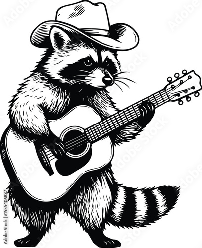 Raccoon Playing Guitar Laser Engrave Design isolated on white background eps