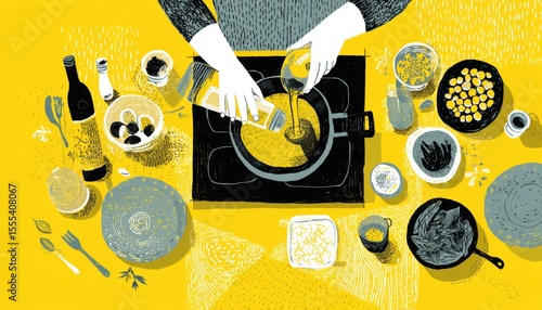 A vibrant kitchen scene showcasing hands pouring ingredients into a pan on a yellow countertop, surrounded by various cooking items and ingredients