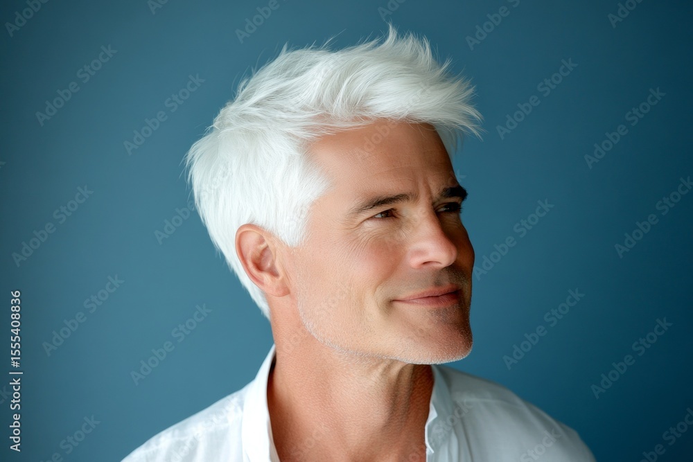 Visual idea of style for aging men. Chic men's high fade haircut - midlife white man with white hair. Blue solid background. A joyful male captured in a professional portrait. Visual idea of style for aging men. Chic men's high fade haircut - midlife white man with white hair. Blue solid background. A joyful male captured in a professional portrait.