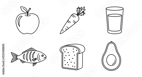 Variety of healthy food items including fruit, vegetable, fish, bread, and a glass of liquid displayed neatly