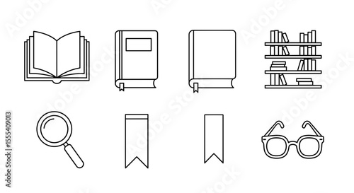Collection of linear education icons featuring books bookshelf glasses and magnifying glass in outline style