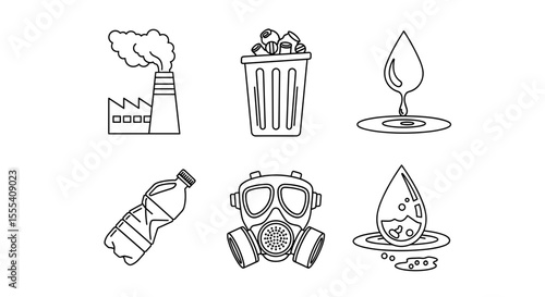 Outline drawing showing factory, trash, oil spill, plastic bottle, gas mask, and polluted water drop