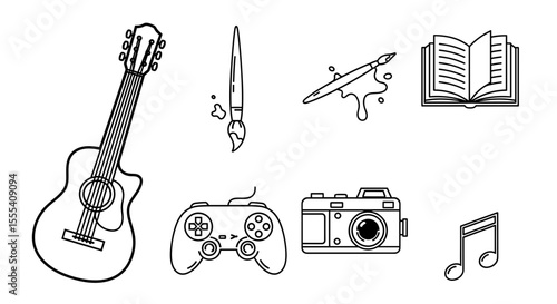 Line art illustration featuring guitar, paintbrushes, book, camera, gamepad, and musical note icon