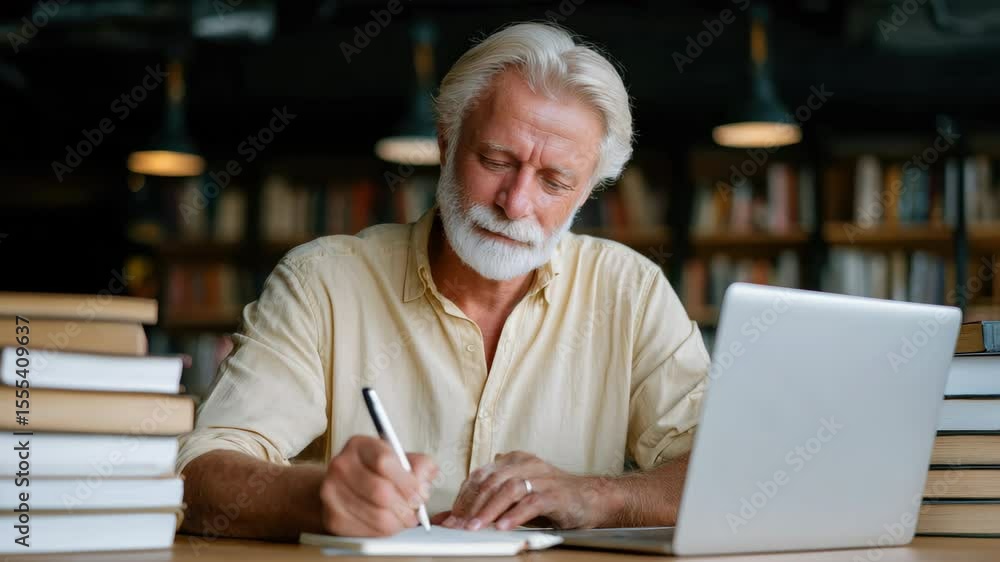 Elderly man with white hair and beard writing in notebook at library table, surrounded by books and using laptop, focused and thoughtful atmosphere, cozy library setting, thoughtful mood Elderly man with white hair and beard writing in notebook at library table, surrounded by books and using laptop, focused and thoughtful atmosphere, cozy library setting, thoughtful mood