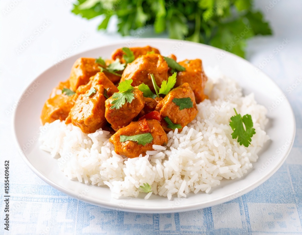 Curry chicken bright juicy with white rice on plate over the tablecloth background Curry chicken bright juicy with white rice on plate over the tablecloth background