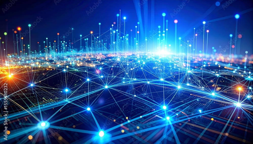 Fototapeta premium Luminous network, interconnected lines and lights weaving a complex web of digital communication