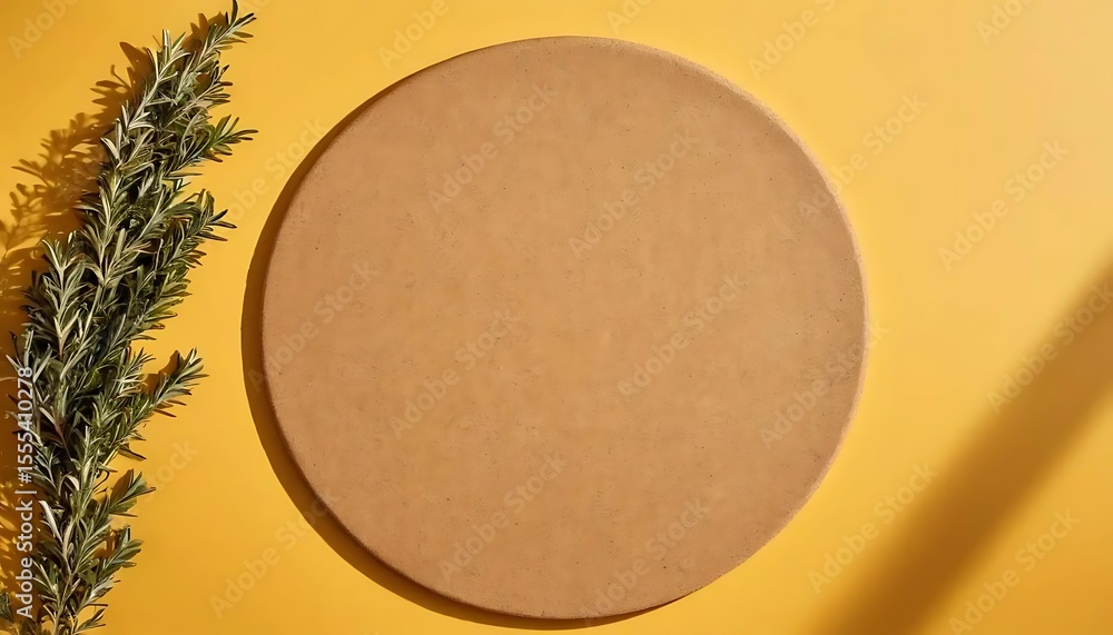 Pizza Stone with Rosemary on Yellow Background Pizza Stone with Rosemary on Yellow Background