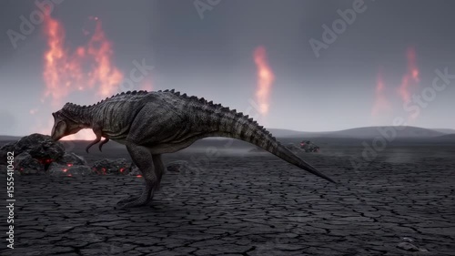 Giganotosaurus dinosaur walking in a barren landscape with lava and dark sky