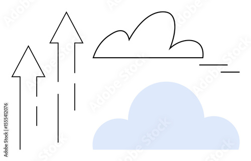 Abstract upward arrows paired with light clouds suggest soaring progress, innovation, and elevation. Ideal for growth, success, ambition, strategy, opportunity, potential simple flat metaphor