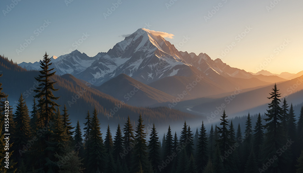 Obraz premium Majestic mountain peak and evergreen forest create a serene landscape with the soft glow of sunrise, highlighting natural beauty.