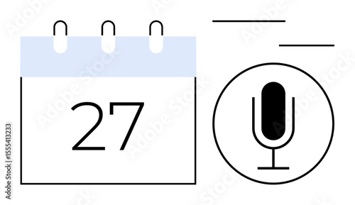 Calendar page with number 27 and a microphone icon representing scheduling, recording, or content creation. Ideal for planning, organization, productivity, podcast, broadcasting, presentation