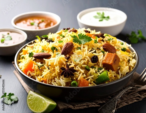 Traditional hyderabadi Vegetable / veg dum biryani with mixed veggies served with mixed raita