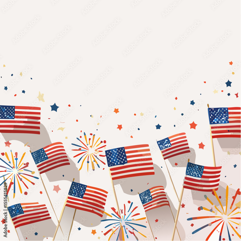 Obraz premium Patriotic vector frames featuring American flags, fireworks, stars, and festive confetti in red, white, and blue — perfect for Independence Day celebrations.
