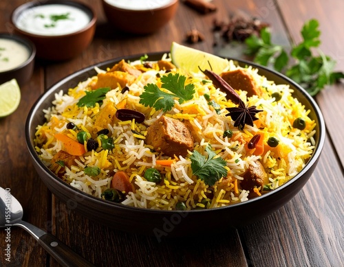 Traditional hyderabadi Vegetable / veg dum biryani with mixed veggies served with mixed raita