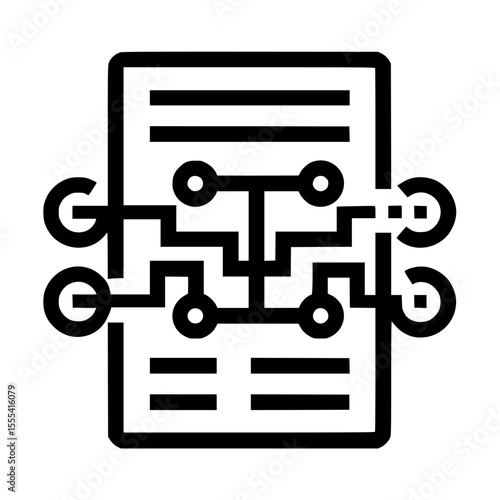 A stylized graphic of a document with interconnected circuit elements, suggesting data flow or information processing.