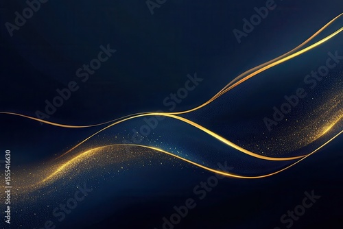 Dark blue background with flowing gold lines and shimmering golden sparkles. Great background for luxury design, promotions, and other festive occasions.
