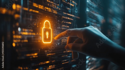 Hand interacts with a glowing padlock on a digital screen