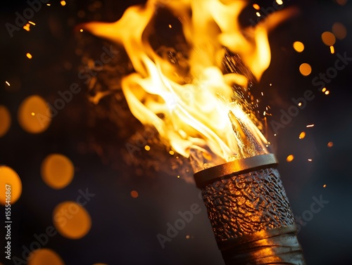 flaming torch close up of a lit torch with sparks and bokeh background