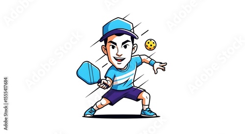 CARTOON caricature of a pickle ball pickleball player with a racquet and ball, athlete, playing, court, athletic character, outdoor sport, recreation, cartoon pickleball, paddle sport, fun, match