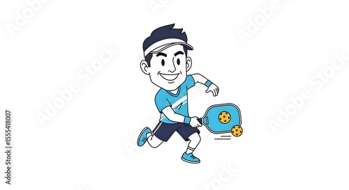 CARTOON caricature of a pickle ball pickleball player with a racquet and ball, athlete, playing, court, athletic character, outdoor sport, recreation, cartoon pickleball, paddle sport, fun, match