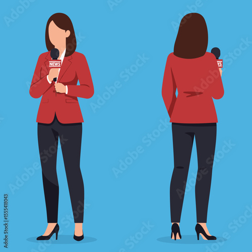 ANIMATION OF A WELL-DRESSED FEMALE NEWS REPORTER IN A STUDIO SETTING WITH MICROPHONE