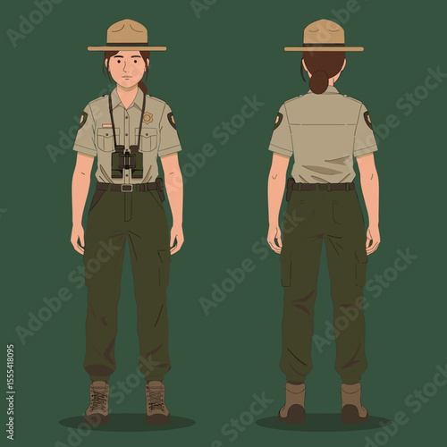 RANGER UNIFORM FRONT AND BACK VIEW FOR FEMALE PARK RANGER IN FOREST ENVIRONMENT