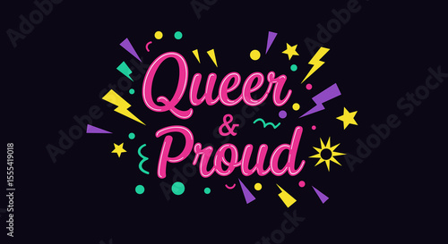 QUEER & PROUD - Colorful LGBTQ+ Pride Illustration with Bright Designs and Festive Elements