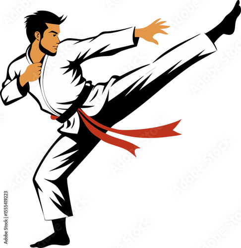  Vector silhouette of a martial artist performing a karate kick with white background.