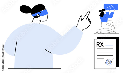 Person wearing VR headset gestures toward innovative tech, coder writes code on screen, prescription document below. Ideal for technology, education, healthcare, innovation, software, engineering