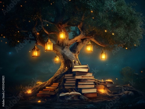 mystical tree glowing lanterns, dark forest, night scene, books stacked