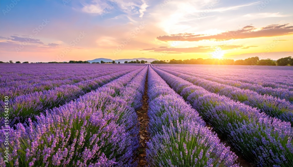 Obraz premium Breathtaking lavender field at sunset, a tranquil landscape of purple blooms under the golden sky
