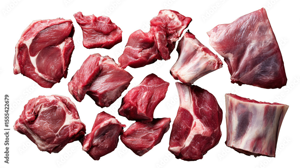 Obraz premium Assorted raw meat cuts on a white isolated background.