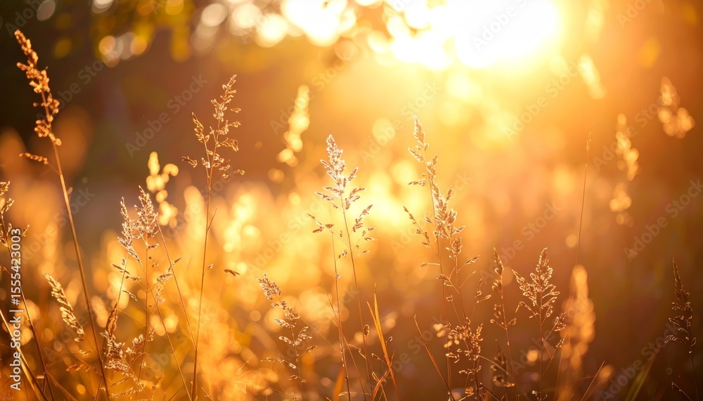 Fototapeta premium Golden sunrise over a tranquil meadow, breathtaking landscape of nature's beauty