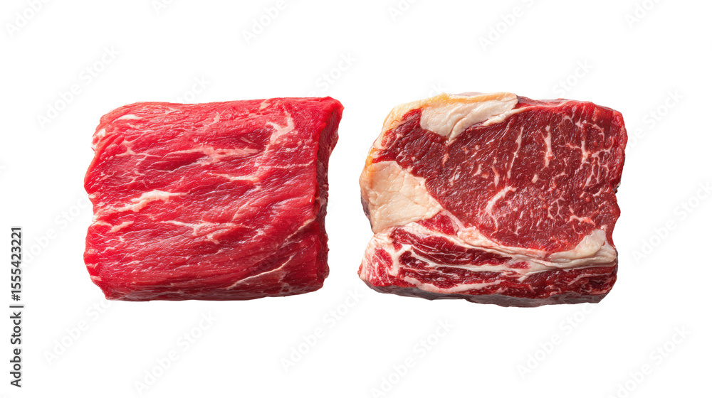 Fototapeta premium Fresh cuts of beef, quality meat on a white isolated background.