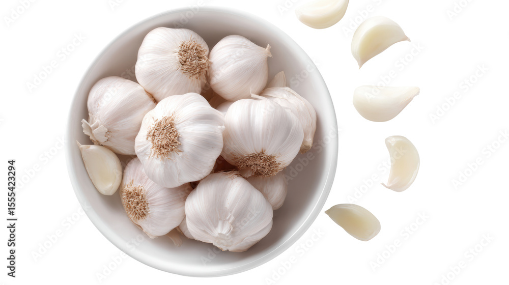 Fototapeta premium Fresh garlic bulbs and cloves in a white bowl on a white background.