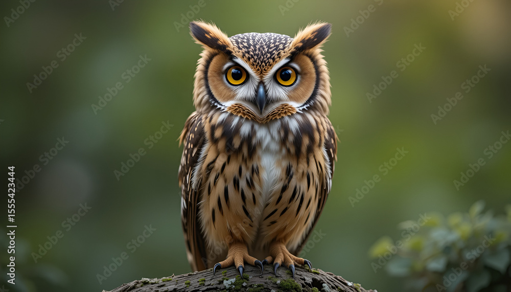Obraz premium A captivating owl with striking yellow eyes perches on a branch, its detailed feathers showcasing nature's beauty in soft, blurred greenery.