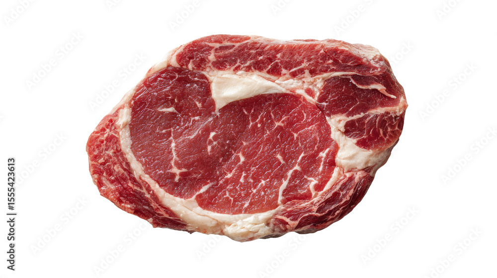 Obraz premium Freshly cut beef steak, showcasing marbled texture, isolated on white background.
