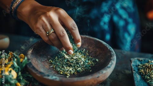 Woman's hand adding dried herbs to a wooden bowl, releasing fragrant smoke.