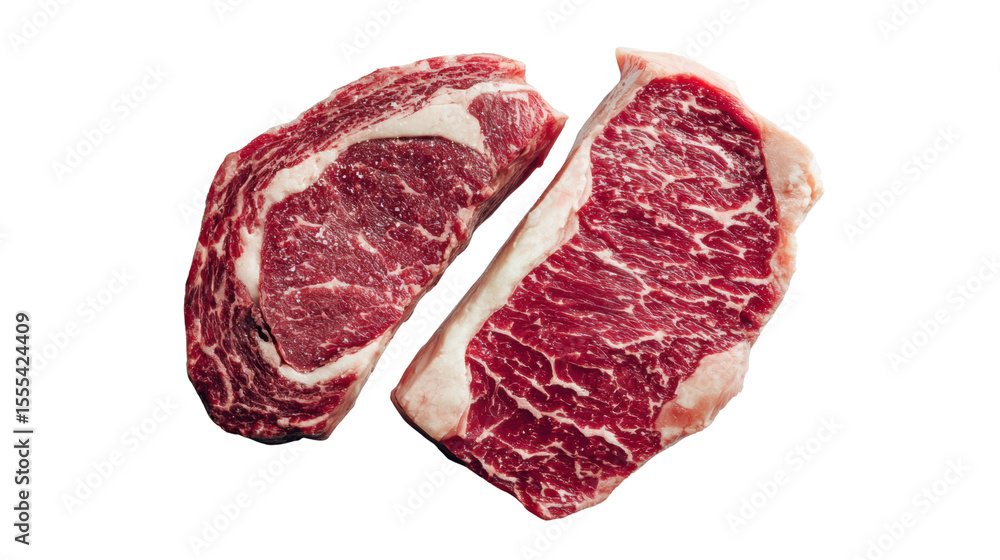 Obraz premium Raw marbled beef steak cut on a white isolate background, perfect for culinary presentations and recipes.