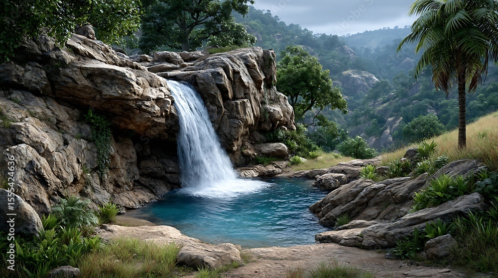 Fototapeta premium A cliffside waterfall pouring into a deep pool surrounded by dense jungle. 