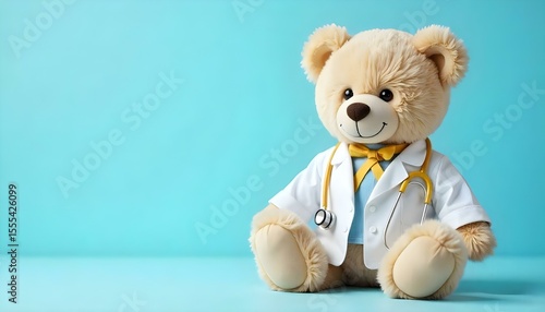 Doctor teddy bear with a gold ribbon, embodying hope and support during Childhood Cancer Awareness Month