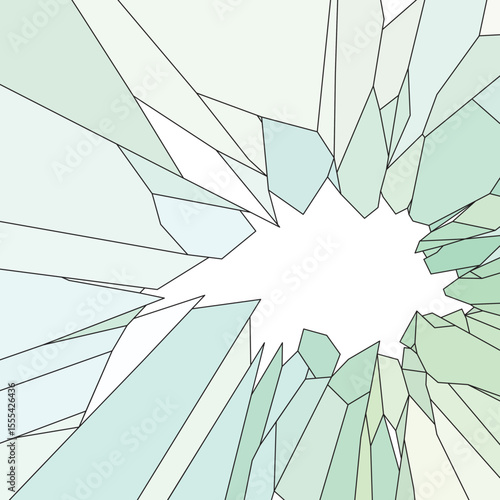 Abstract cracked glass background illustration with sharp jagged shapes in pastel green and blue tones. Ideal for design themes of fragility, tension, danger, or dramatic visual impact.