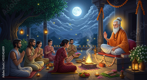Wallpaper Mural Guru Purnima Celebration with Ancient Sage and Devotees Performing Yagna in Full Moonlight – Spiritual Guidance and Blessing  Torontodigital.ca