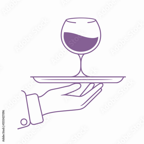 Hand holding a tray with a glass of red wine in a minimalist line art style