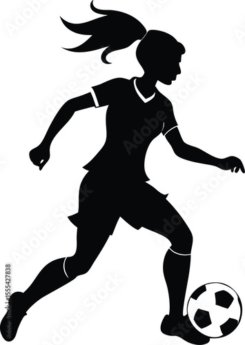 Vector silhouette of a female soccer player dribbling a ball with white background.