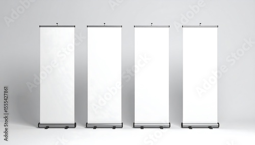 Blank Roll Up Banner Displays on White Background for Advertisement Mockup.