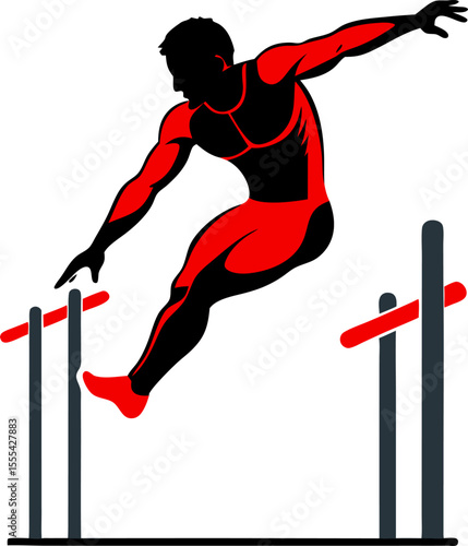 Vector silhouette of a man doing calisthenics on parallel bars with white background.